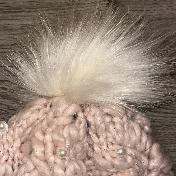 Betsey Johnson Blush Knit Beanie with Faux Fur Pom - Picture 4 of 5